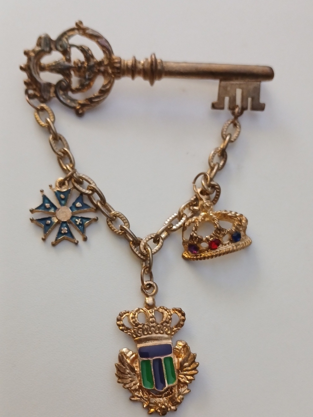 Royal Key Chatelaine Brooch Dangle Charms with Crown & Enamel Shields